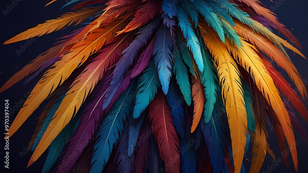 Obraz premium Abstract composition of vibrant, colorful feathers arranged in a circular motion