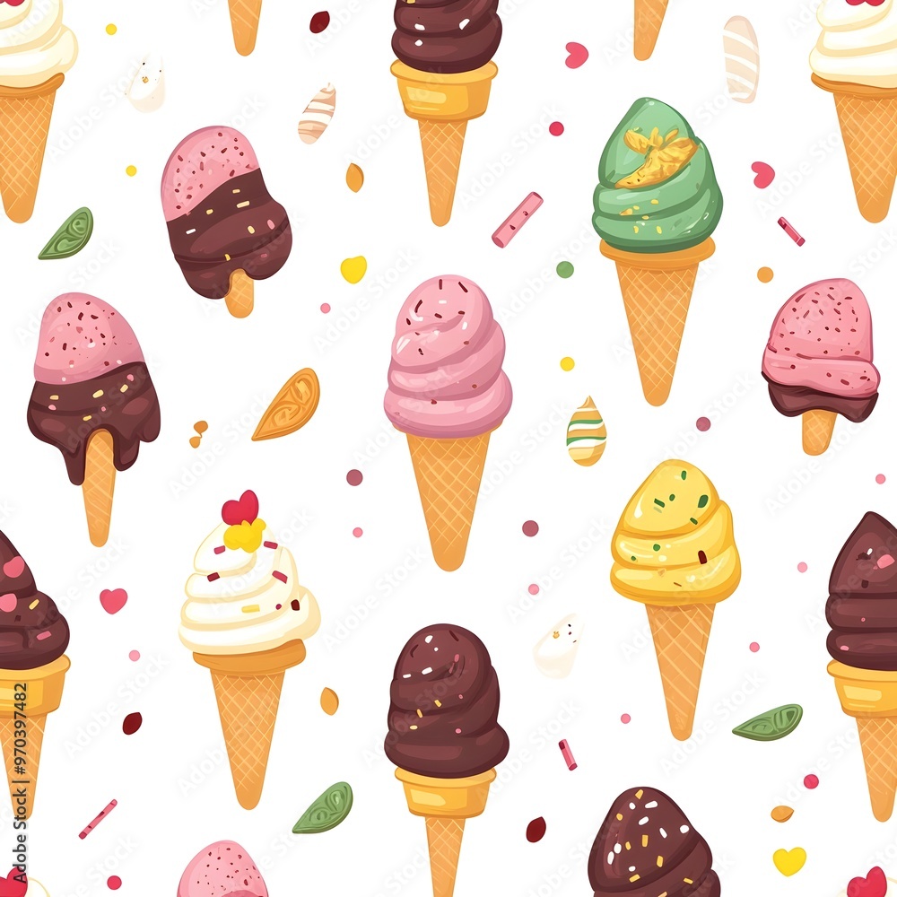 Vibrant Seamless Pattern Featuring Assorted Ice Cream Cones Popsicles and Other Frozen Dessert Treats on a White Background Vibrant Seamless Pattern Featuring Assorted Ice Cream Cones Popsicles and Other Frozen Dessert Treats on a White Background
