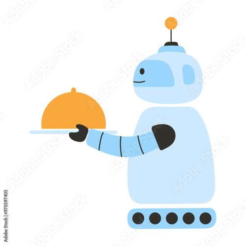 Funny robot waiter holding plate