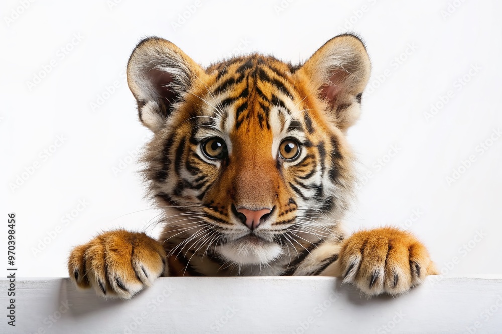 Fototapeta premium Adorable tiger cub's curious face peeking over a blank banner's edge, whiskers twitching, eyes shining with innocence, perfect for customized text or design overlays.