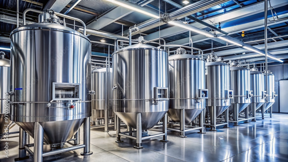 Sleek stainless steel fermentation tanks line a modern biotech facility, humming with activity as they produce pharmaceuticals and other industrial bioproducts. Sleek stainless steel fermentation tanks line a modern biotech facility, humming with activity as they produce pharmaceuticals and other industrial bioproducts.