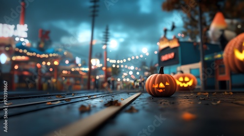 A spooky Halloween scene with glowing pumpkins and festive lights creating an eerie yet vibrant atmosphere. photo