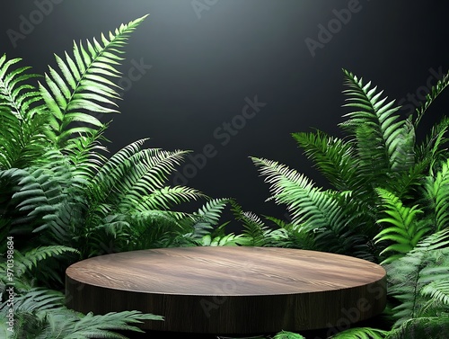 3d Mock up Dark wooden podium with lush green ferns and tropical jungle theme. Pedestal stage for eco-friendly product presentation. Natural scene for advertising. Sale promotion background. photo