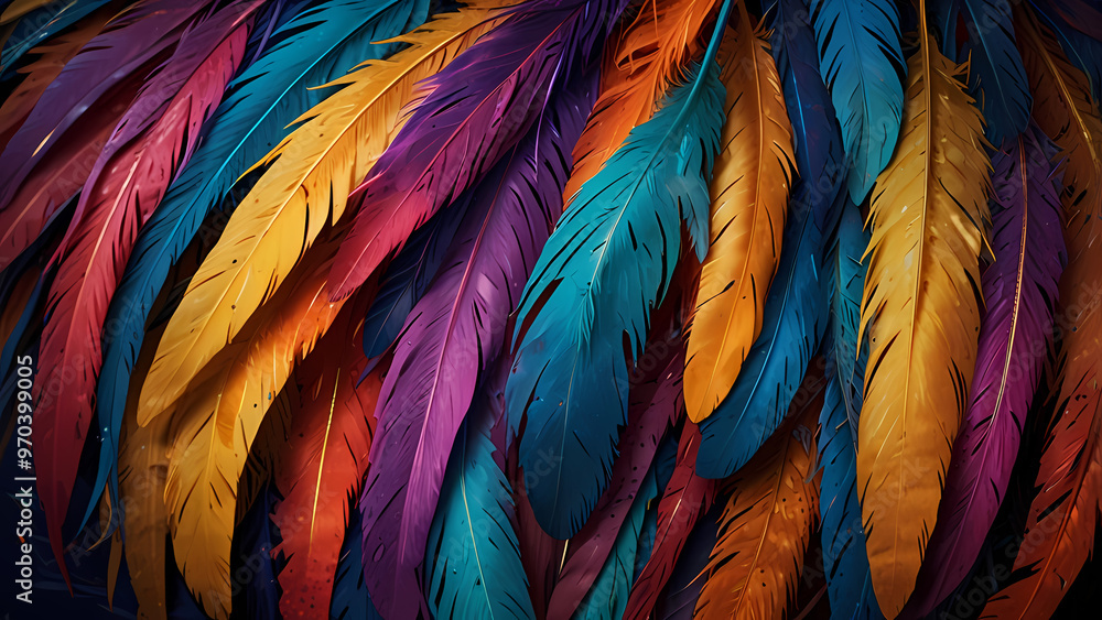 Obraz premium Abstract composition of vibrant, colorful feathers arranged in a circular motion