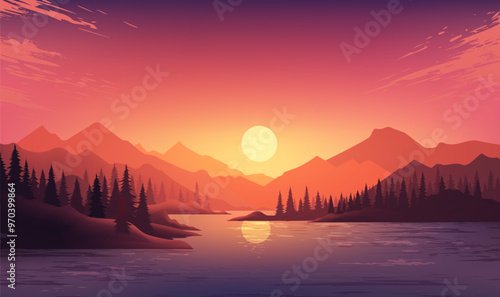 Hand painted horizontal landscape illustrations of mountains and lakes at sunset or sunrise