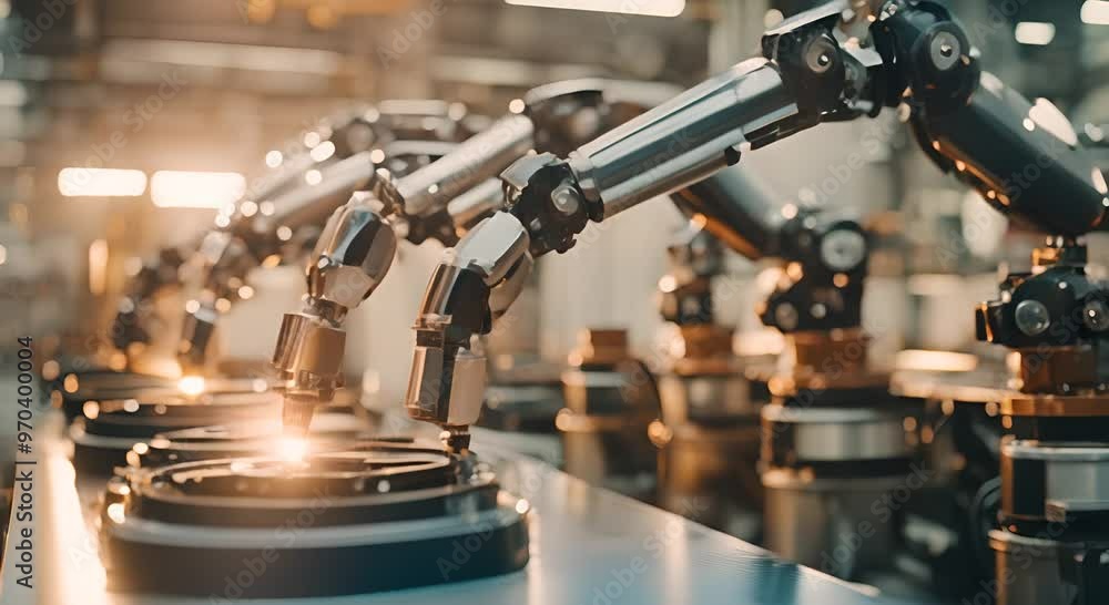 Multiple robotic arms engaged in assembly and welding processes on a car production line Multiple robotic arms engaged in assembly and welding processes on a car production line