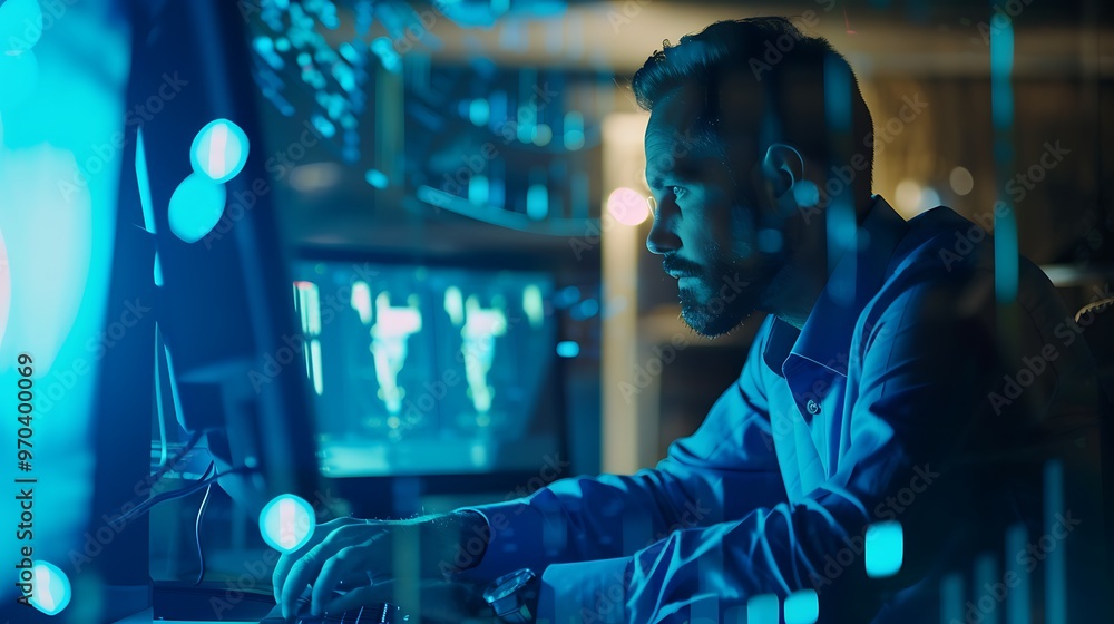 Businessman Analyzing Sales Trends on Digital Dashboard, Blue Theme with Copy Space Businessman Analyzing Sales Trends on Digital Dashboard, Blue Theme with Copy Space