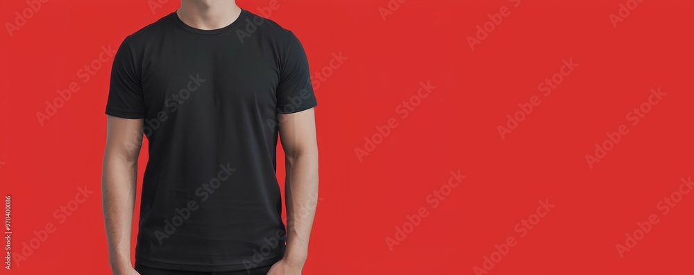 A person is wearing a black t-shirt on red background representing a mockup as well as black friday A person is wearing a black t-shirt on red background representing a mockup as well as black friday
