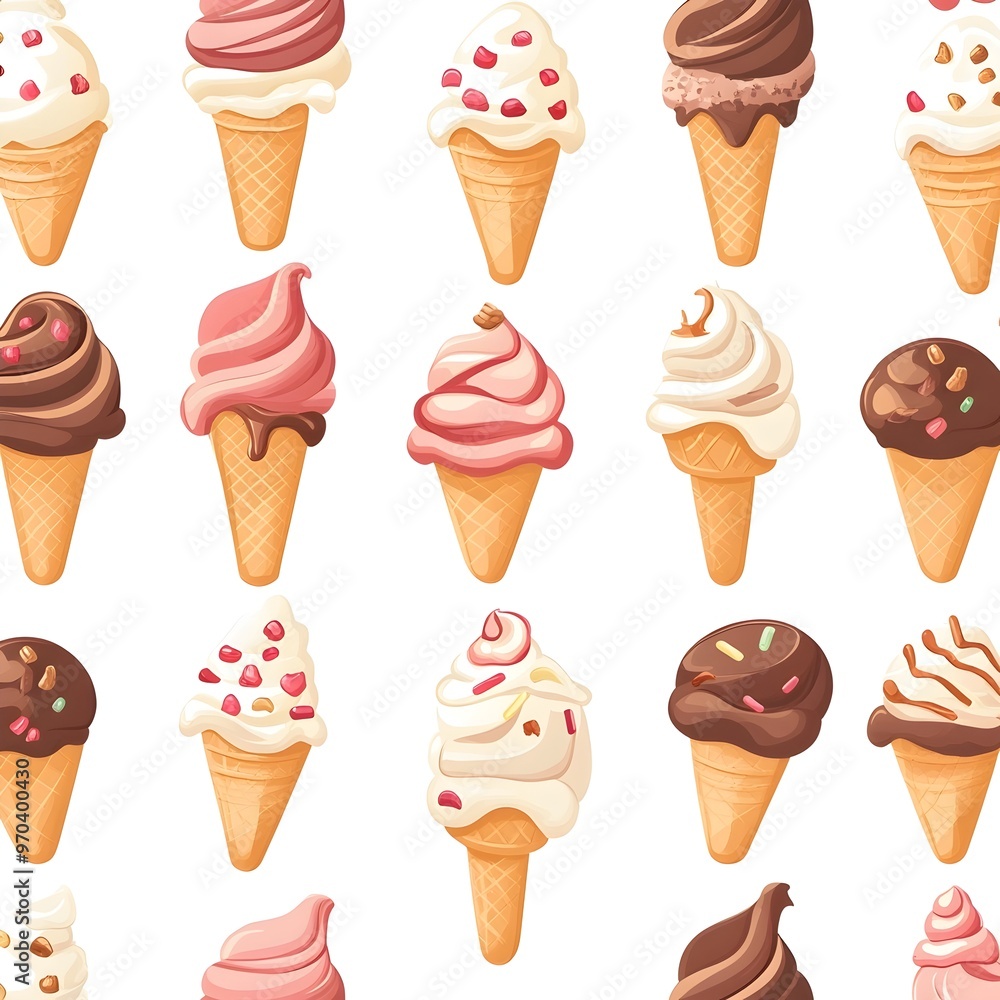 Seamless Pattern of Colorful and Tasty Ice Cream Cones and Scoops on White Background Seamless Pattern of Colorful and Tasty Ice Cream Cones and Scoops on White Background