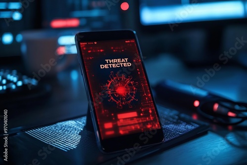 a man holding a phone and the screen showing the word " Threat Detected" , illustrating a smartphone being hacked or infected by a virus