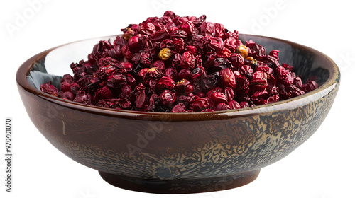 A bowl of dried barberries with a transparent background.