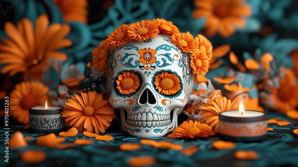 Vibrant sugar skull adorned with orange flowers and candles, a beautiful representation of Day of the Dead celebrations. Vibrant sugar skull adorned with orange flowers and candles, a beautiful representation of Day of the Dead celebrations.