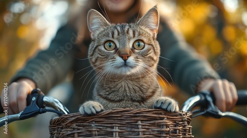 Close-up of a cat sitting in the front basket of a bicycle with a woman riding behind, featuring a blurred background, summer lighting, and natural colors with a photorealistic bokeh effect.

