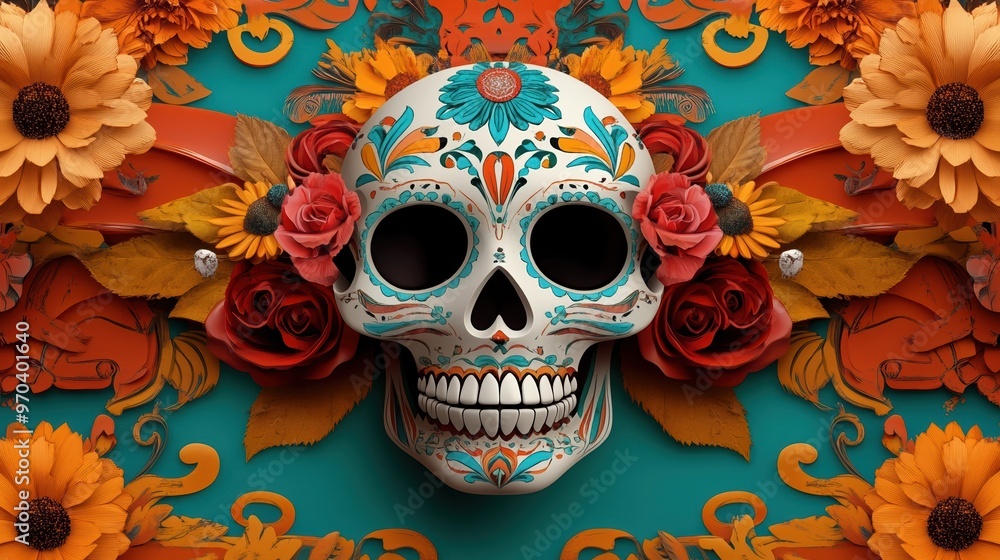 Vibrant sugar skull art surrounded by colorful flowers, celebrating tradition and culture with intricate designs and vivid colors. Vibrant sugar skull art surrounded by colorful flowers, celebrating tradition and culture with intricate designs and vivid colors.
