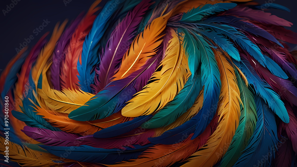 Abstract composition of vibrant, colorful feathers arranged in a circular motion Abstract composition of vibrant, colorful feathers arranged in a circular motion