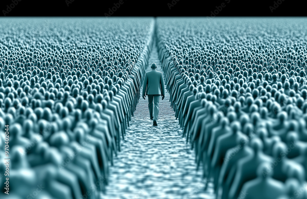 Fototapeta premium A man walks down a long, empty street with a crowd of people behind him. Concept of loneliness and isolation, as the man is the only one moving forward in the scene