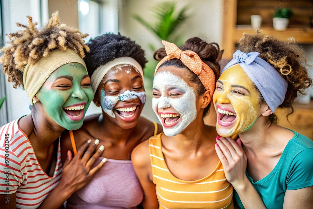 Four diverse young women share a fun moment while enjoying their skincare routine applying facial mask Four diverse young women share a fun moment while enjoying their skincare routine applying facial mask
