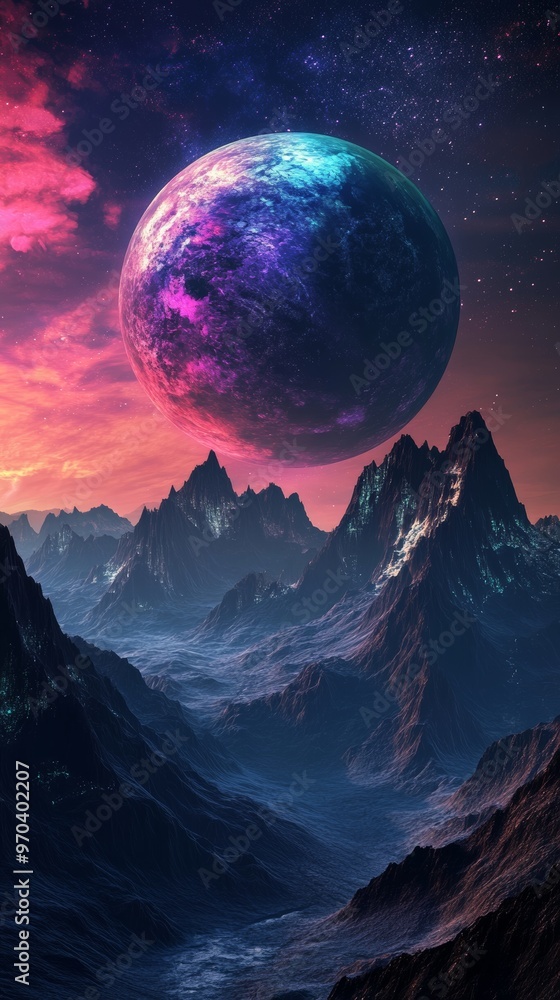 surreal alien landscape with colorful planet and surreal alien landscape with colorful planet and