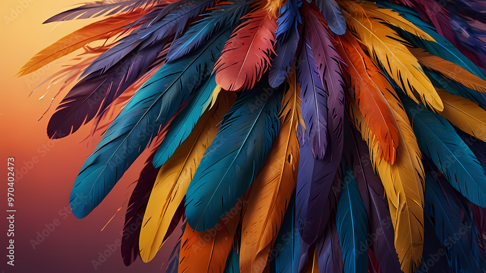 Obraz premium Abstract composition of vibrant, colorful feathers arranged in a circular motion