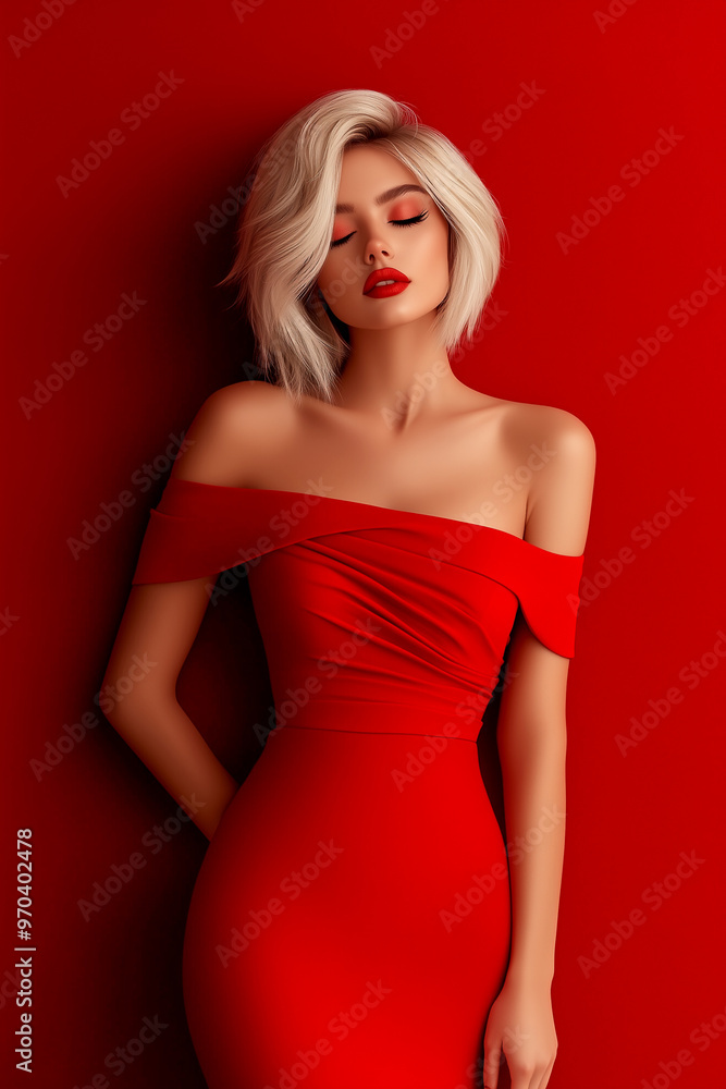 A woman in a red dress stands in front of a red wall. She is wearing red lipstick and has blonde hair A woman in a red dress stands in front of a red wall. She is wearing red lipstick and has blonde hair