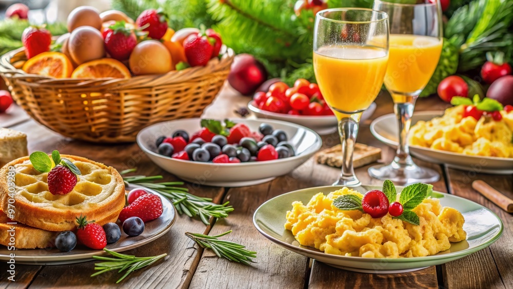 Vibrant morning scene features a laden table with scrambled eggs, waffles, fresh fruits, and flutes of bubbly champagne, capturing the essence of a cheerful New Year's celebration. Vibrant morning scene features a laden table with scrambled eggs, waffles, fresh fruits, and flutes of bubbly champagne, capturing the essence of a cheerful New Year's celebration.