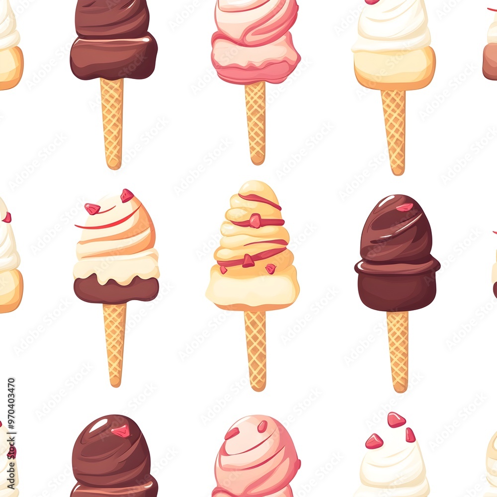 Seamless Pattern of Colorful and Tasty Ice Cream Scoops on Waffle Cones Against a White Background Seamless Pattern of Colorful and Tasty Ice Cream Scoops on Waffle Cones Against a White Background