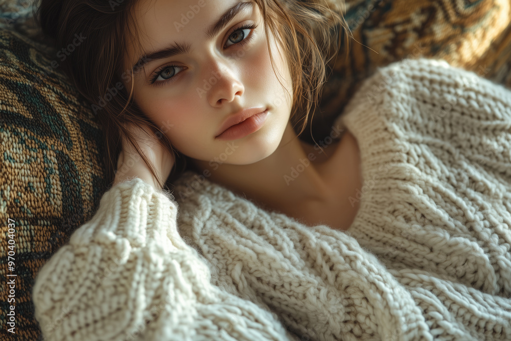 Artistic Close-Up of a Young Woman Relaxing on a Geometric Sofa Artistic Close-Up of a Young Woman Relaxing on a Geometric Sofa