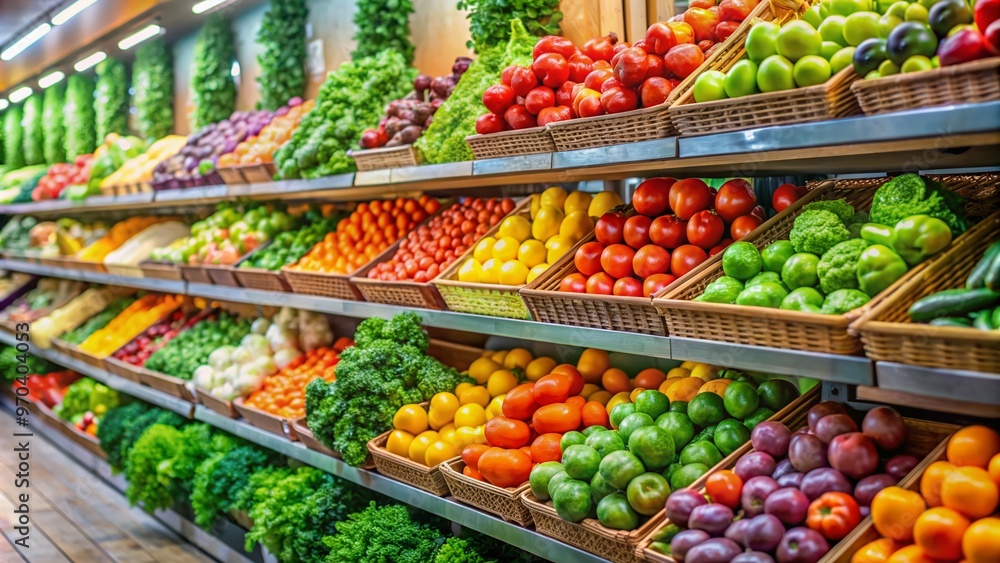 Colorful array of fresh vegetables and fruits neatly arranged on shelves, vibrant produce stands out against a soft, blurred background in a modern grocery store. Colorful array of fresh vegetables and fruits neatly arranged on shelves, vibrant produce stands out against a soft, blurred background in a modern grocery store.
