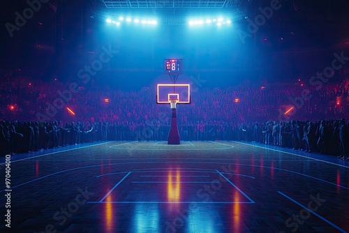 Basketball court with intense lighting, while hoop and scoreboard are ready for action on background with crowdy stages. Concept of sport games, competition, entertainment, action and motion , AI photo