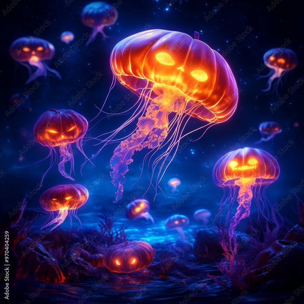 Spooky Pumpkin Jellyfish Halloween Ocean Night Spooky Pumpkin Jellyfish Halloween Ocean Night