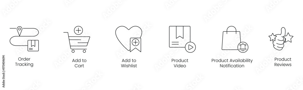 Order Tracking, Add to Cart, Add to Wishlist, Product Video, Product Availability Notification, Product Reviews - Vector Icon Set Order Tracking, Add to Cart, Add to Wishlist, Product Video, Product Availability Notification, Product Reviews - Vector Icon Set
