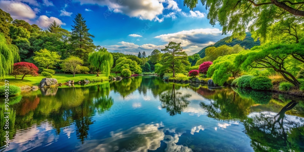 a peaceful pond mirrors the vibrant greenery and lush foliage of a idyllic landscape, exuding calmness and tranquility in perfect harmony. a peaceful pond mirrors the vibrant greenery and lush foliage of a idyllic landscape, exuding calmness and tranquility in perfect harmony.
