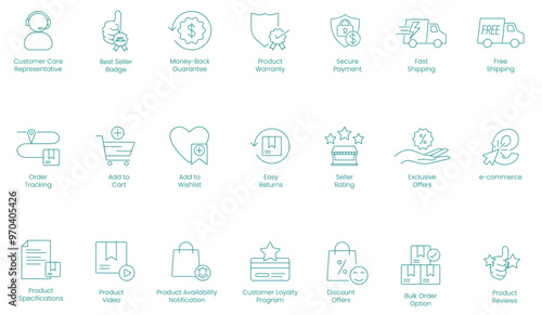 Customer Care Representative, Best Seller Badge, Money Back Guarantee, Product Warranty, Secure Payment, Fast Shipping, Free Shipping, Order Tracking, Add to Cart, Add to Wishlist vector icon set