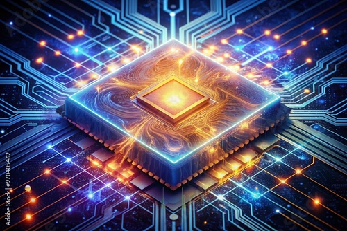 Futuristic digital illustration of a glowing computer processor, surrounded by swirling abstract patterns, representing the innovative power of generative artificial intelligence.