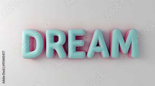 Soft touch rubber texture sky blue and pink "DREAM" text emoji, 3D high quality emoji letters object on white background, no shadows,