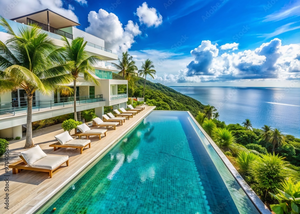 Fototapeta premium Breathtaking sea view of a luxurious modern white beach hotel with infinity swimming pool and lush green surroundings, perfect for relaxation and tranquility.