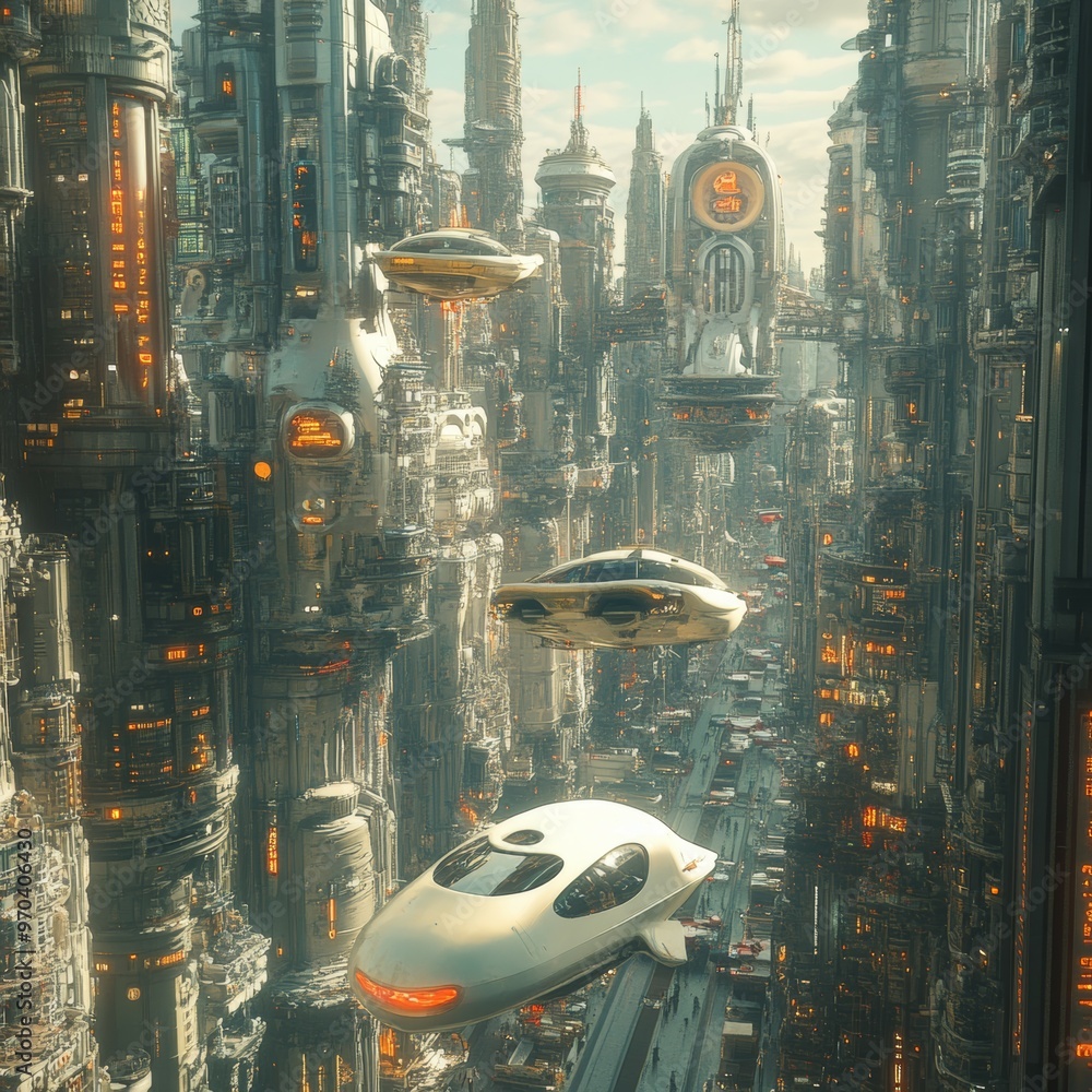Futuristic Cityscape with Flying Cars and Skyscrapers Futuristic Cityscape with Flying Cars and Skyscrapers