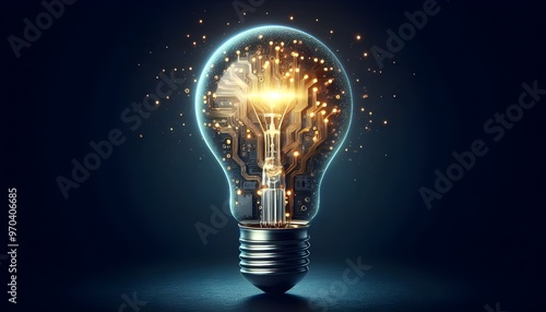 Glowing light bulb with circuit board inside on dark blue background, mockup. Innovation concept.