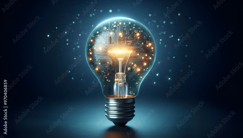 Glowing light bulb with circuit board inside on dark blue background, mockup. Innovation concept. Glowing light bulb with circuit board inside on dark blue background, mockup. Innovation concept.