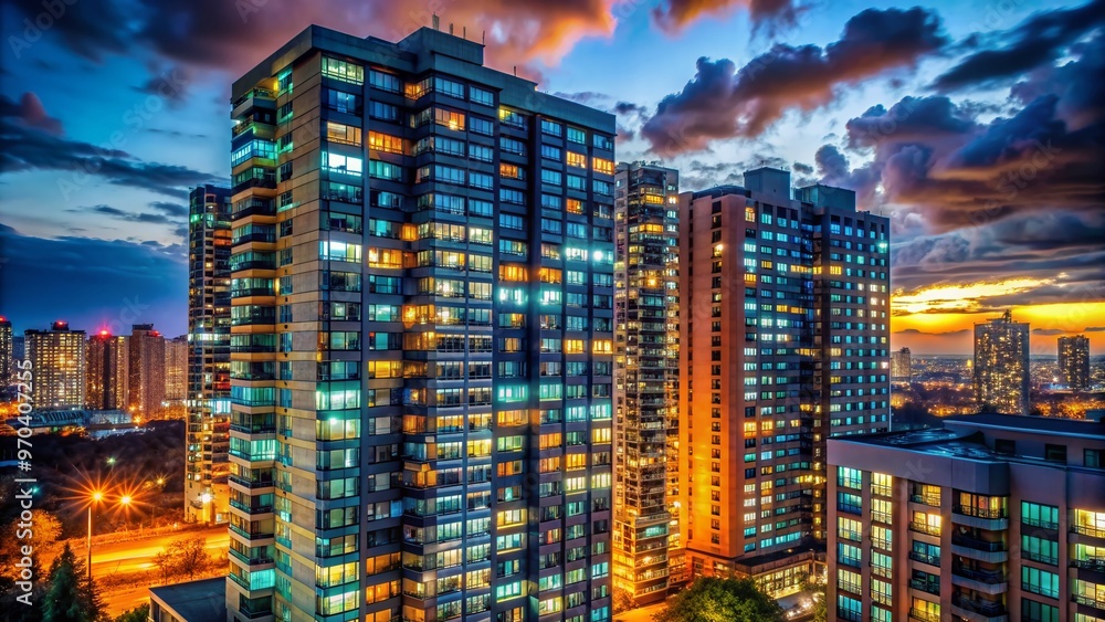 Obraz premium Vibrant nighttime cityscape featuring a towering apartment building with illuminated windows, set against a dark urban backdrop, evoking a sense of urban solitude and mystery.