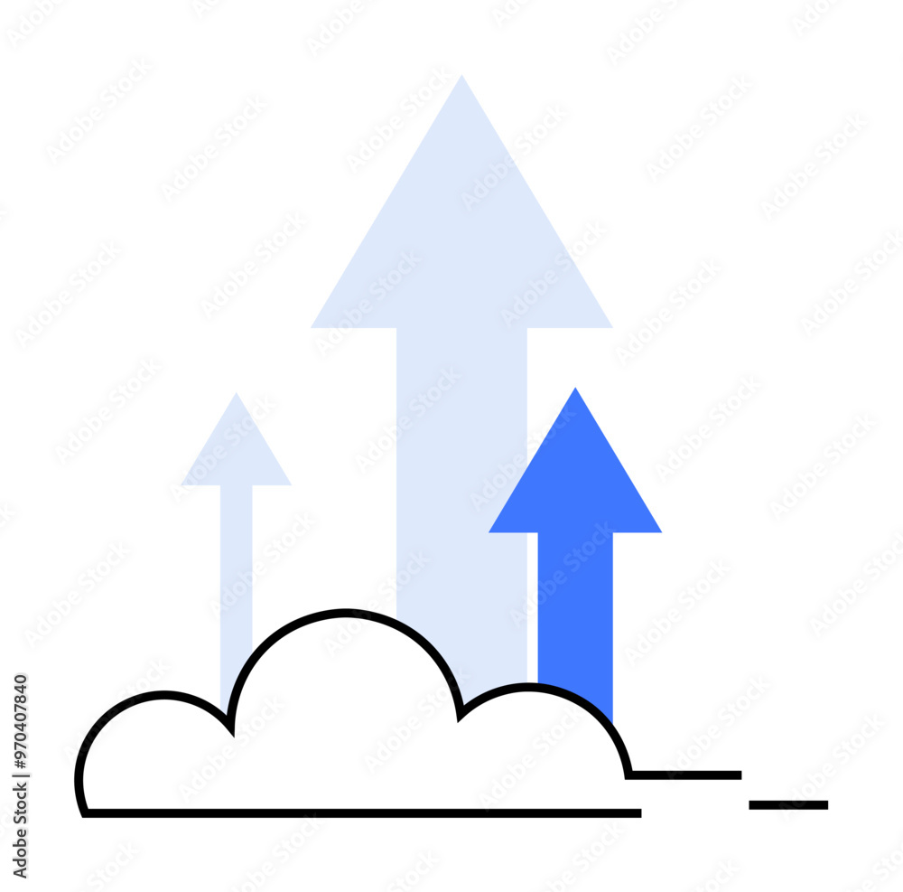 Arrows emerging from a cloud upwards in blue shades on white background. Ideal for business growth, progress, technology, success, and cloud computing themes. Minimalist style. Arrows emerging from a cloud upwards in blue shades on white background. Ideal for business growth, progress, technology, success, and cloud computing themes. Minimalist style.
