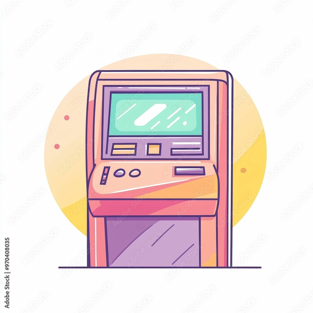Naklejka premium This illustration showcases a stylized ATM with a vibrant background, emphasizing the importance of accessible banking and financial transactions
