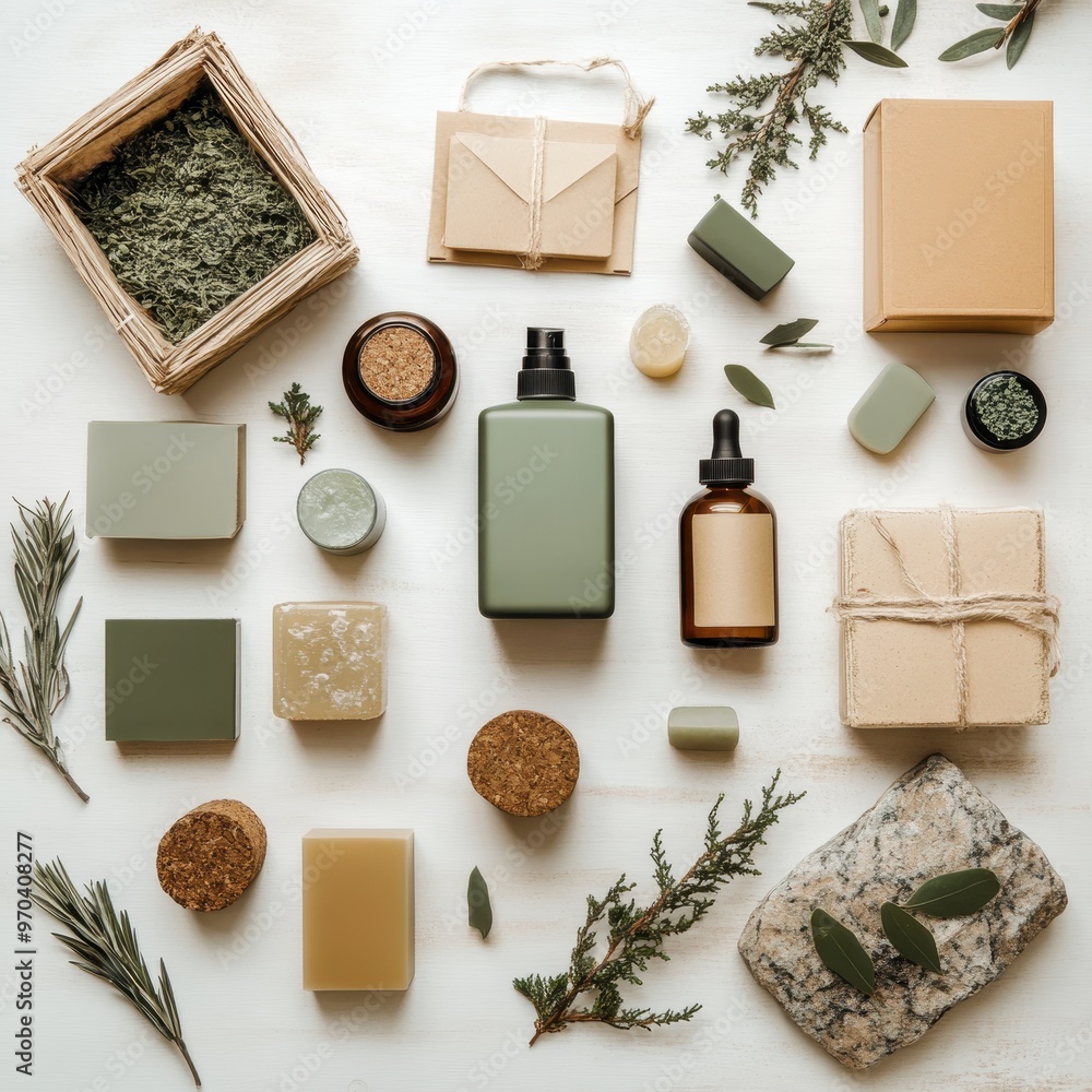 A flat lay of natural beauty products, including soaps, oils, and lotions, arranged on a white background with sprigs of greenery. A flat lay of natural beauty products, including soaps, oils, and lotions, arranged on a white background with sprigs of greenery.