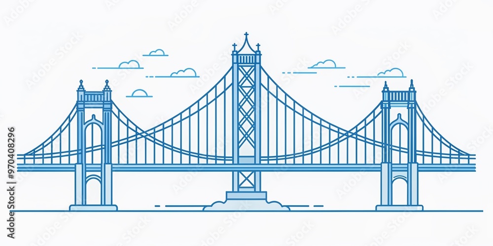 Obraz premium Intricate line drawing of iconic suspension bridge with art deco details, rendered in precise blue and white hues, against a crisp white background.