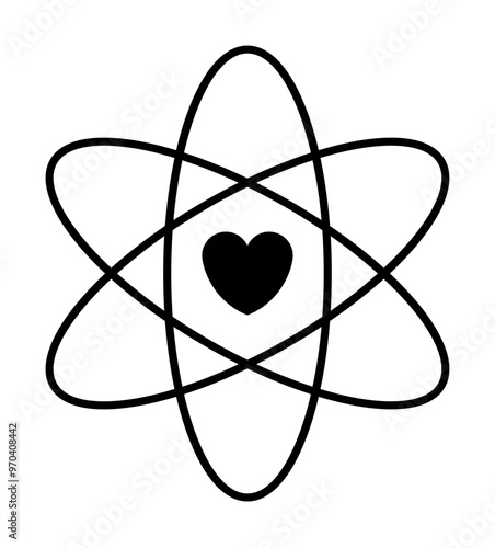A heart at the center of an atomic symbol conveys unity of love and science. Ideal for educational materials, relationships, science-themed art, healthcare, and modern designs. Minimalist, black and w