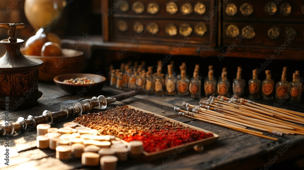 A close-up of a wooden table with a variety of items, including a grinder, a bowl of spices, a row of glass bottles, and a box of red and brown seeds. A close-up of a wooden table with a variety of items, including a grinder, a bowl of spices, a row of glass bottles, and a box of red and brown seeds.