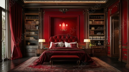 Luxurious deep red master bedroom interior with bookshelves AI generated image photo