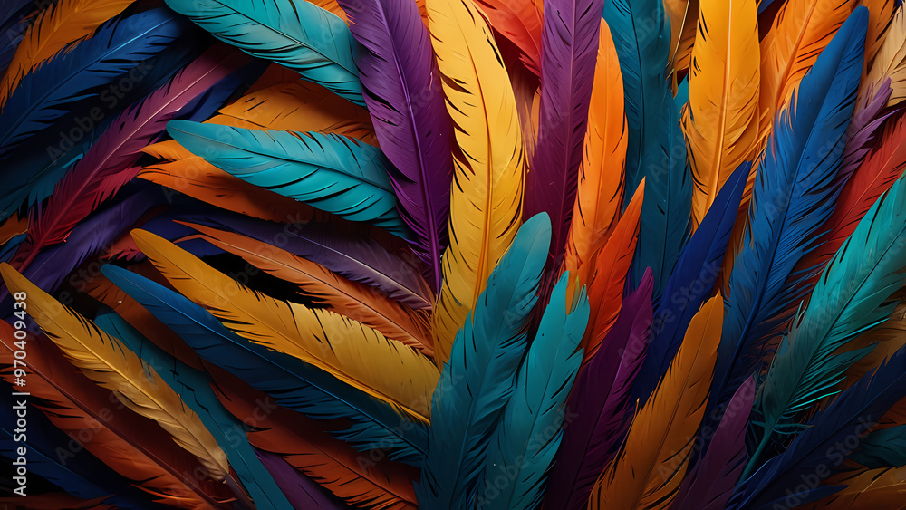 Obraz premium Abstract composition of vibrant, colorful feathers arranged in a circular motion