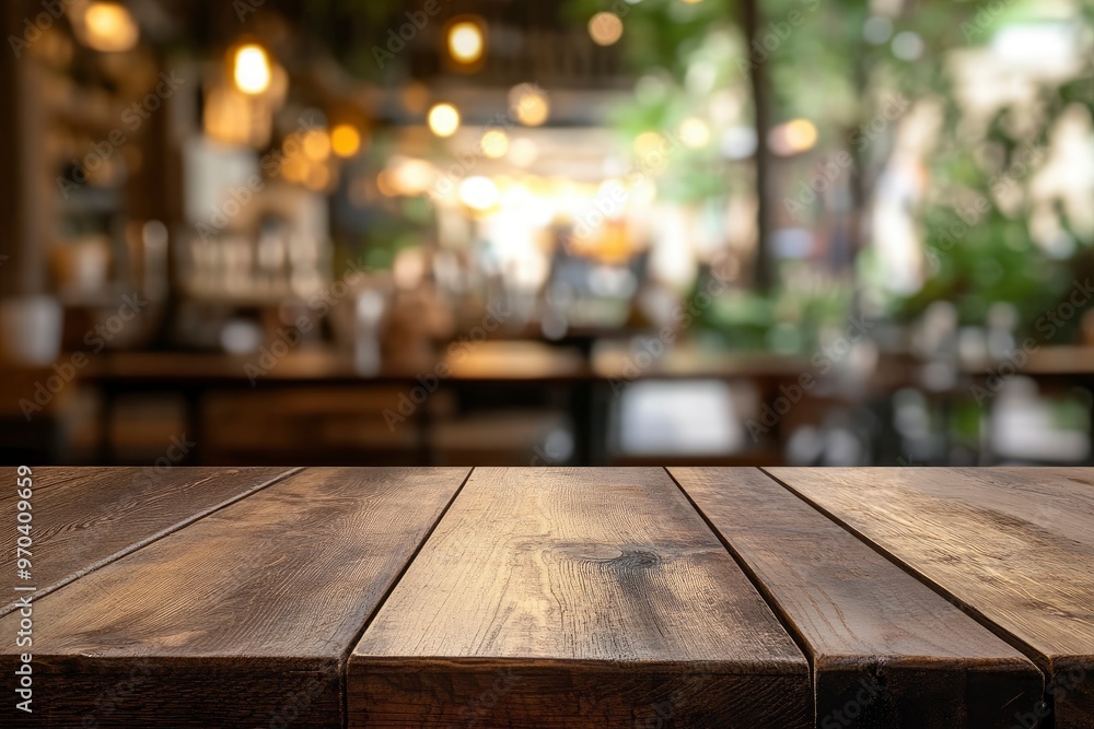 Empty wooden table with blurred restaurant background , ai Empty wooden table with blurred restaurant background , ai