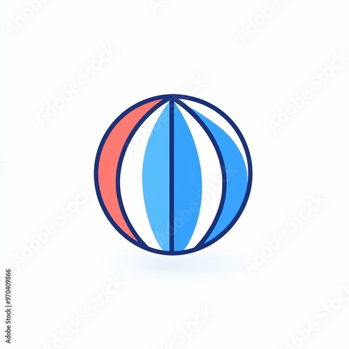 A vibrant beach ball with red, blue, and white stripes sits on a flat surface, perfect for summer activities and family gatherings at the beach